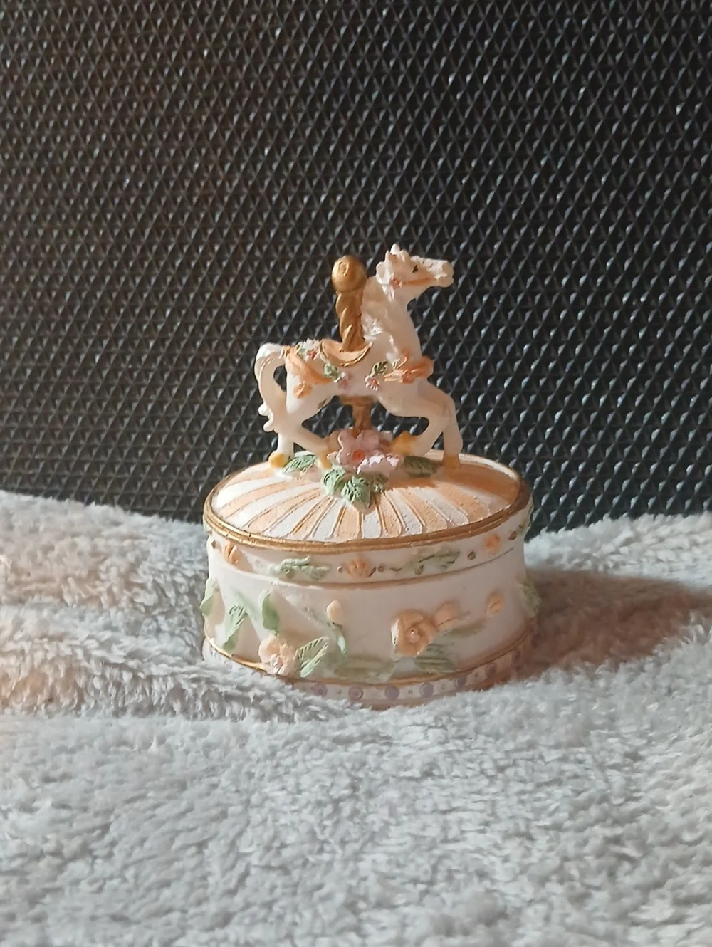 Vintage Porcelain Carousel Horse Trinket Box - Cream & Peach